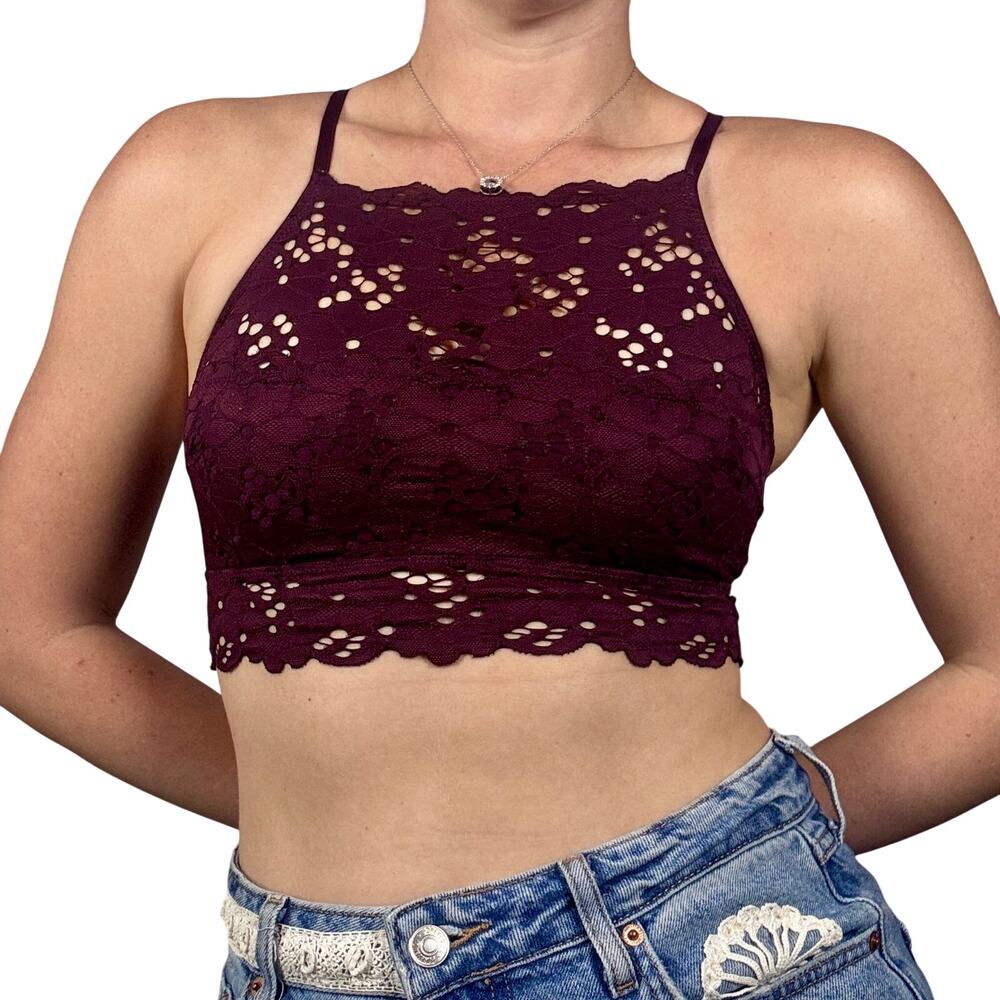 Aerie Lace Unlined Halter Bralette Burgundy Maroon Floral Racerback Small